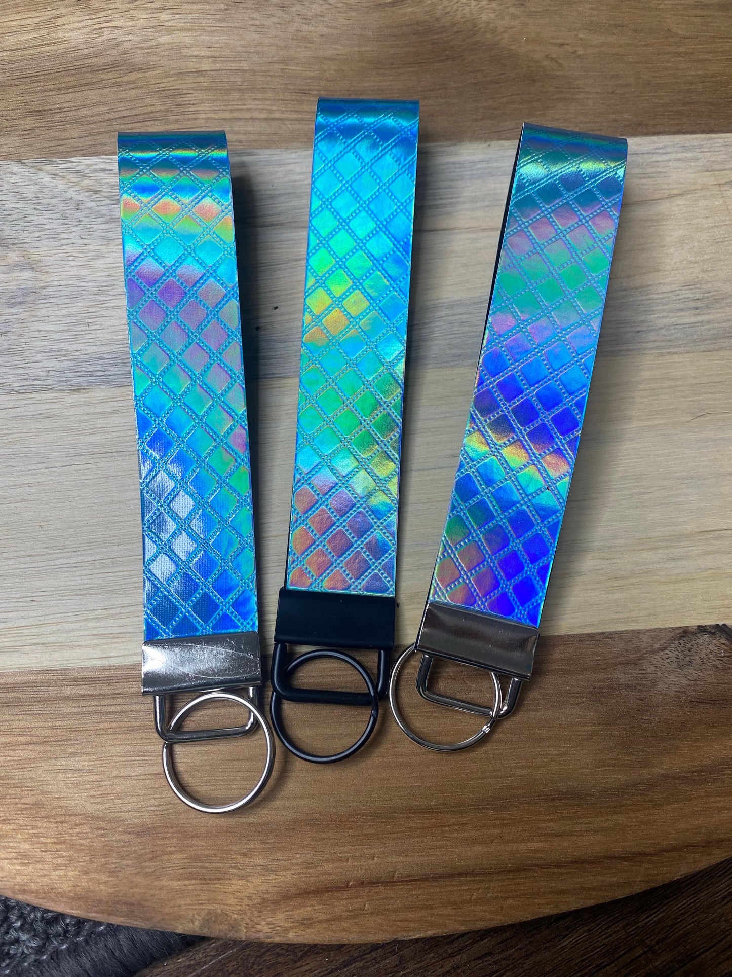 Blue holographic keychain wristlet