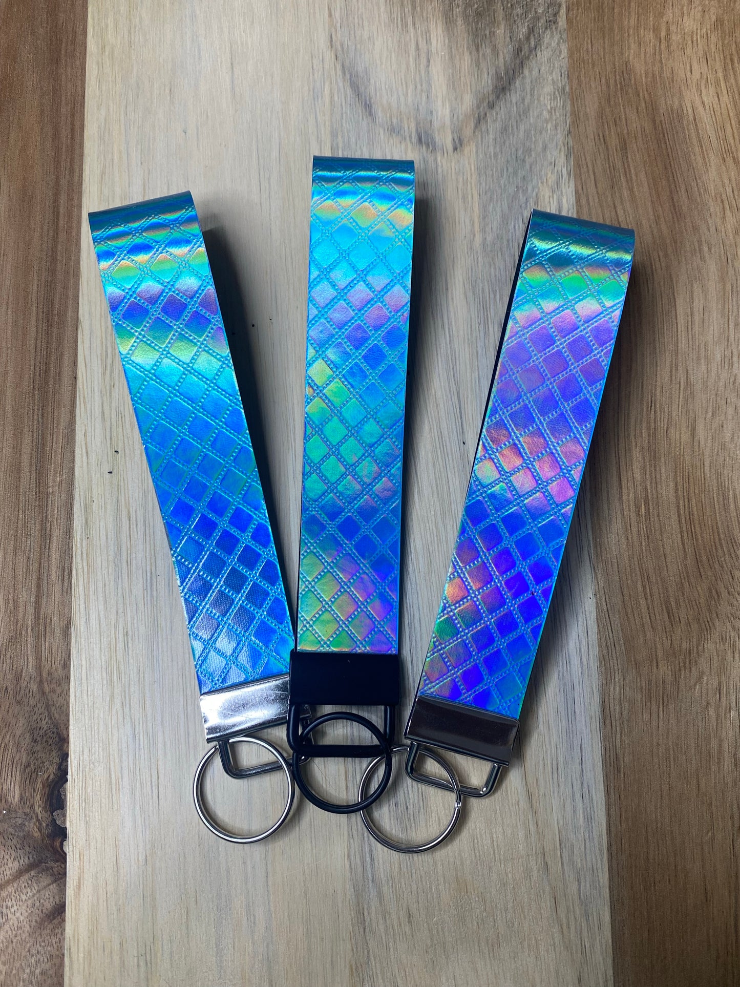 Blue holographic keychain wristlet